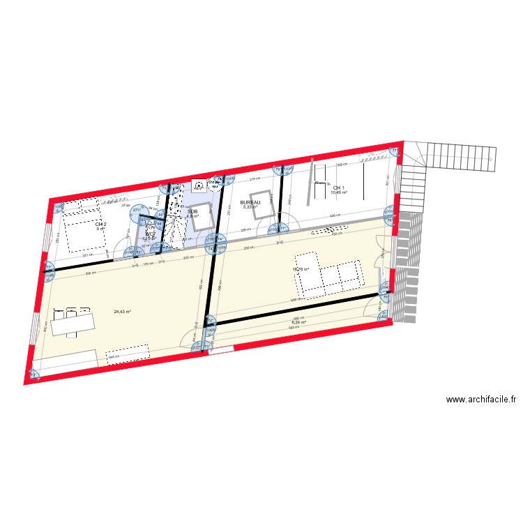 2 apparts 1 ch    2 velux . Plan de 8 pièces et 80 m2