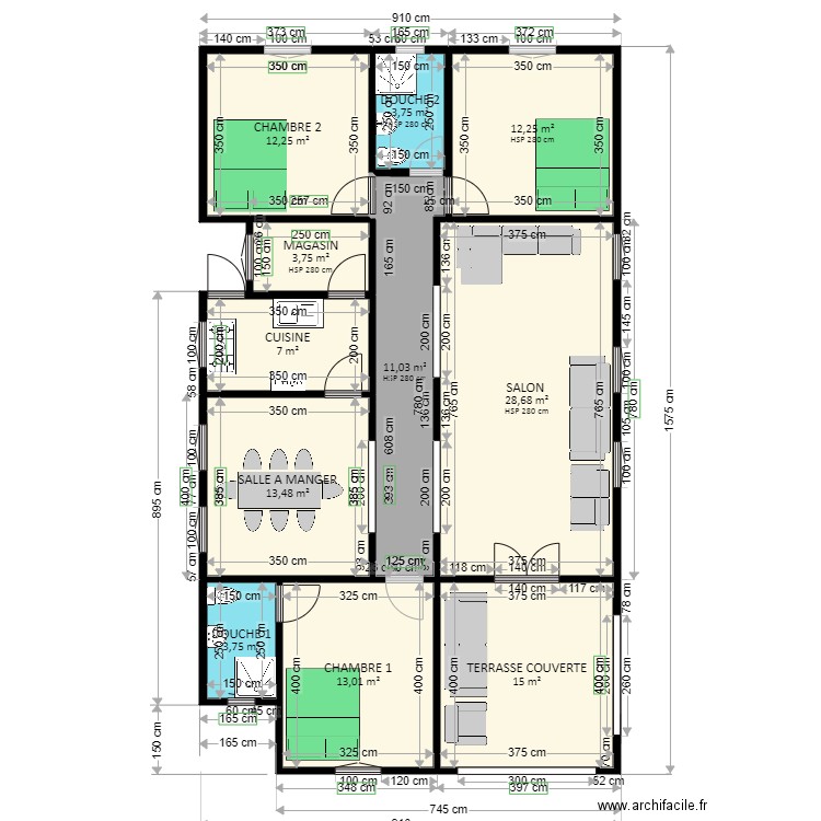 PROJET D'UNE VILLA.2. Plan de 11 pièces et 124 m2