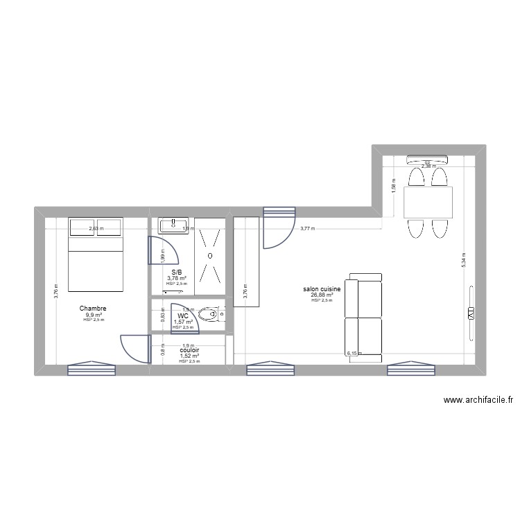 Charly B  Projet. Plan de 5 pièces et 44 m2