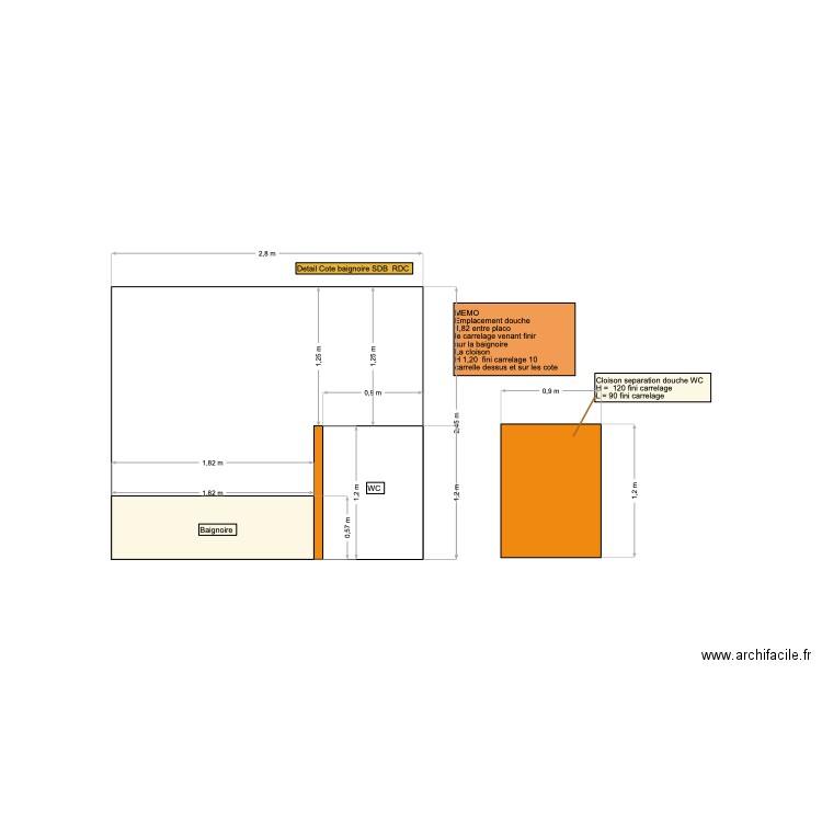 Detail cote baignoire SDB 1 RDC. Plan de 0 pièce et 0 m2