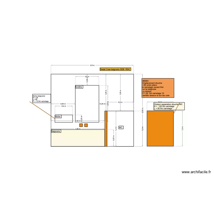 Detail cote baignoire SDB 1 RDC. Plan de 