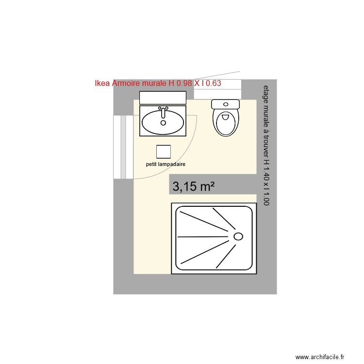 la couette salle de bain. Plan de 1 pièce et 3 m2