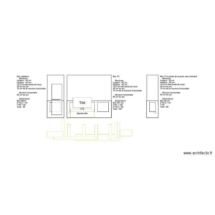 MOULURES N°3 - Modèle mur TV. Plan de 3 pièces et 11 m2