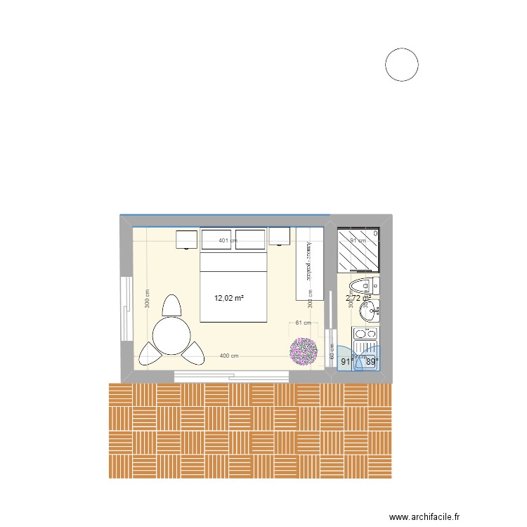 Chambre ana 4. Plan de 2 pièces et 15 m2