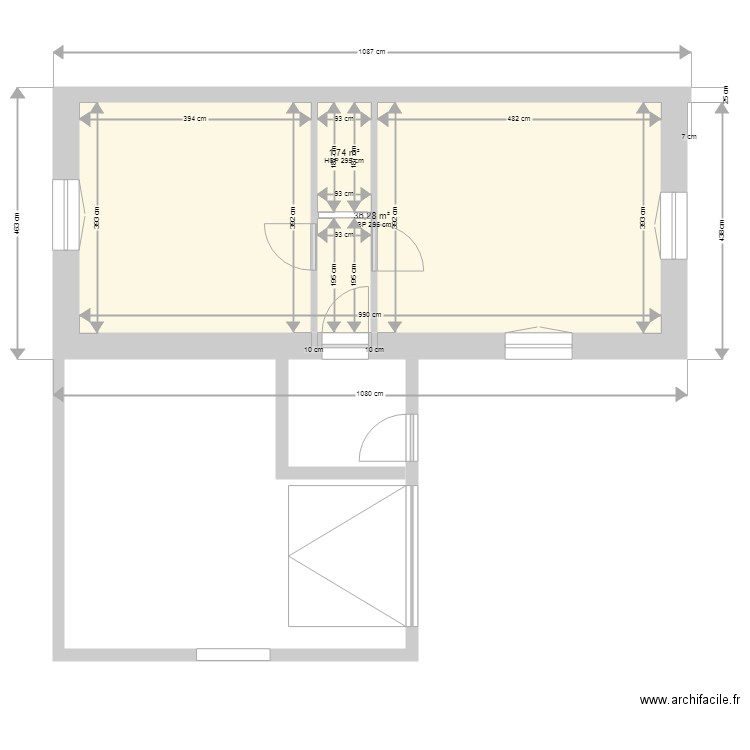 rez ce chaussée. Plan de 2 pièces et 38 m2