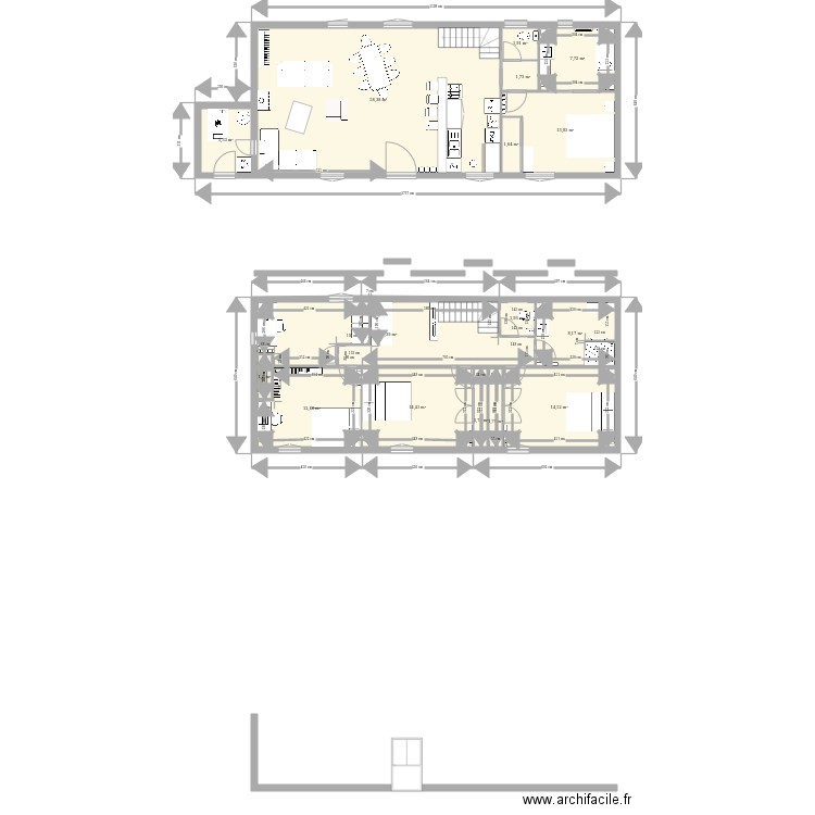 Debut de plan de facade. Plan de 16 pièces et 172 m2