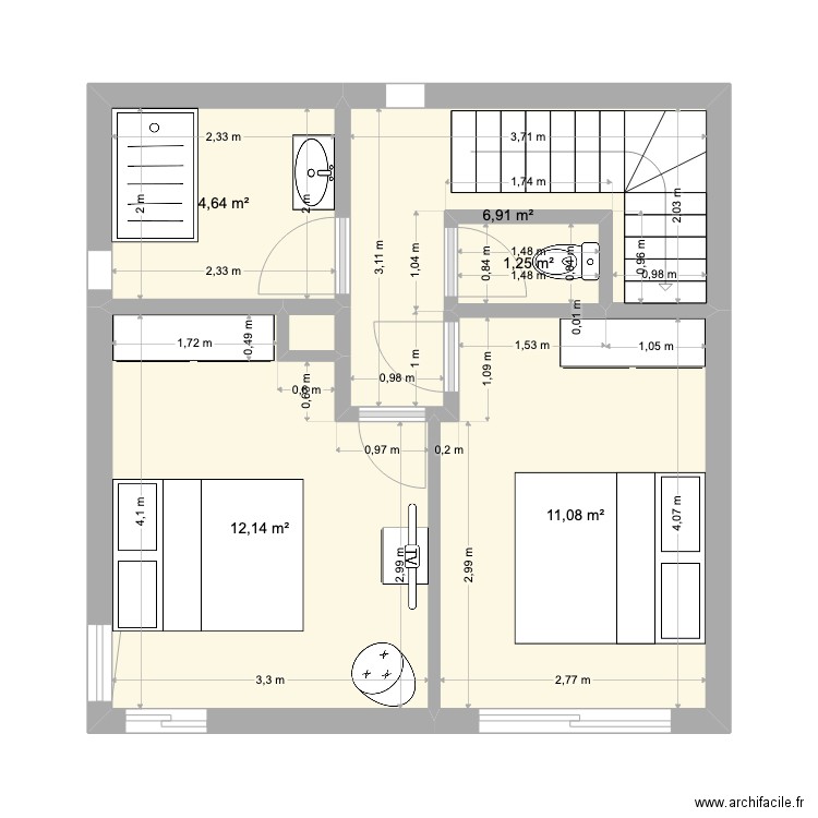 dressing. Plan de 6 pièces et 36 m2