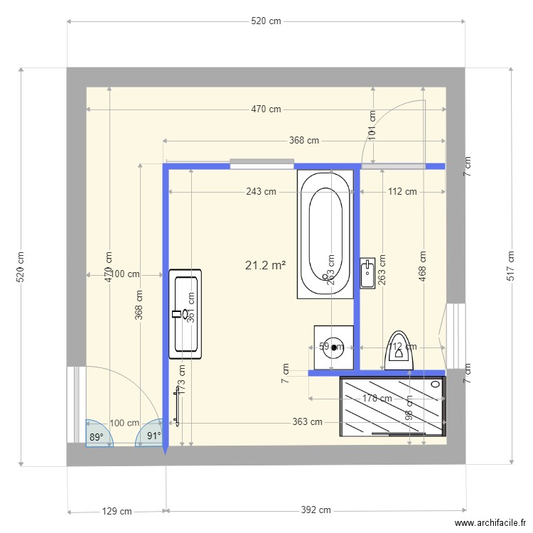 sdb vermersch. Plan de 1 pièce et 21 m2