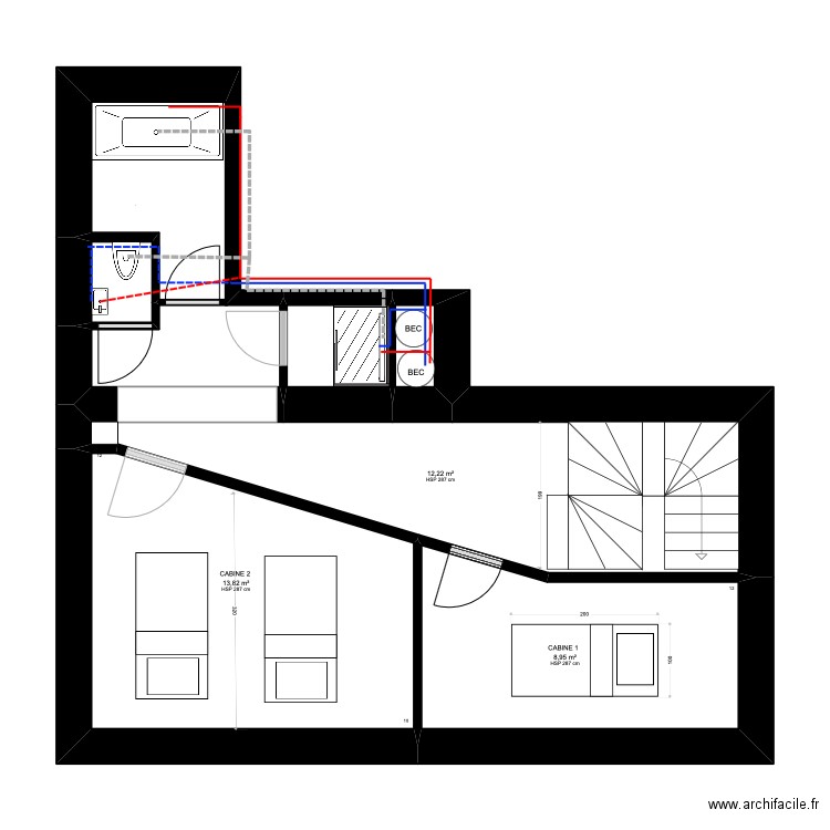 SABAI GRENELLE plan plomberie sou sol. Plan de 7 pièces et 45 m2