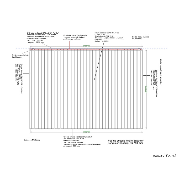 Vue de dessus toiture bac acier longueur 6 750 mm. Plan de 0 pièce et 0 m2