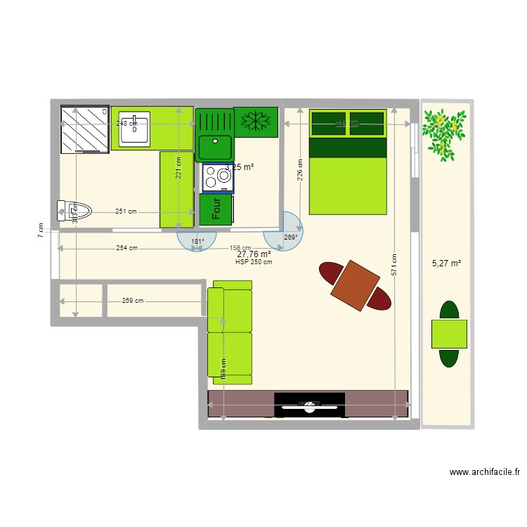 STUDIO CAROLINE V1. Plan de 3 pièces et 36 m2