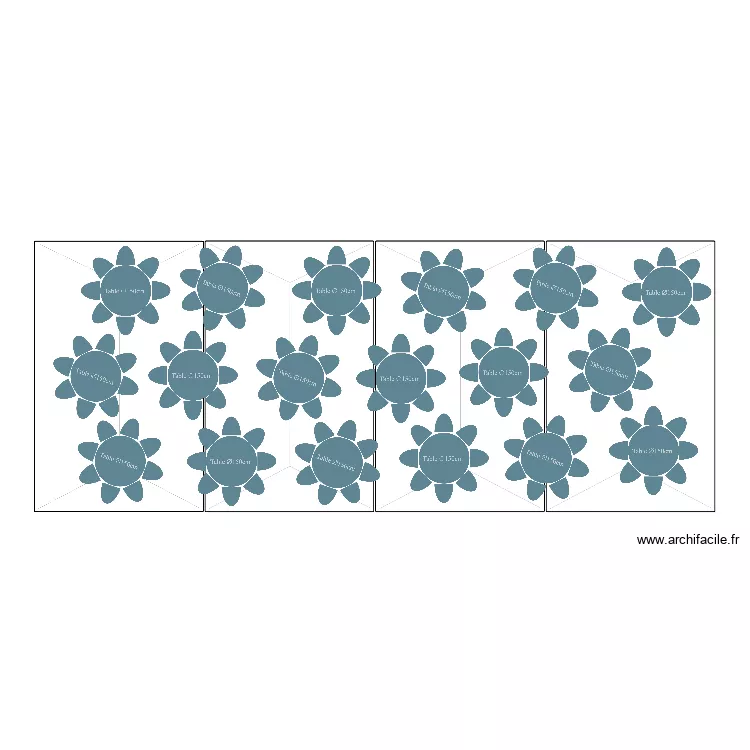 144 pers assises autour de 18 tables rondes sous 4 chapiteaux de 5x8m. Plan de 