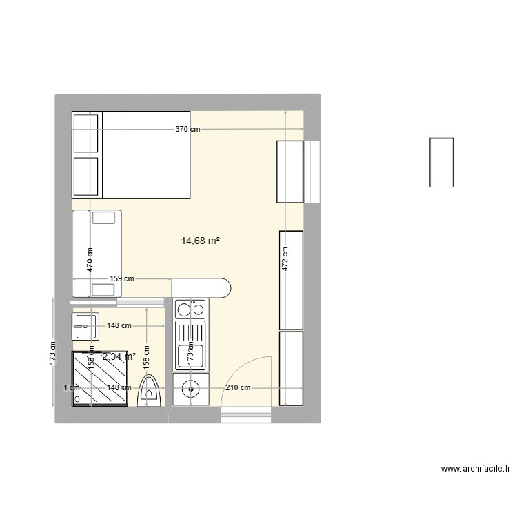 Studio. Plan de 2 pièces et 17 m2