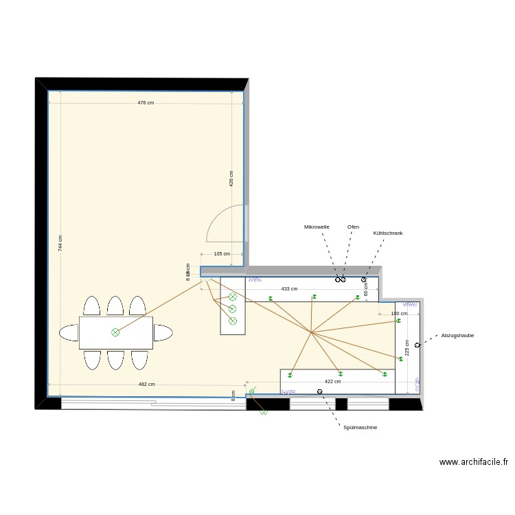 Küche Strom. Plan de 1 pièce et 47 m2