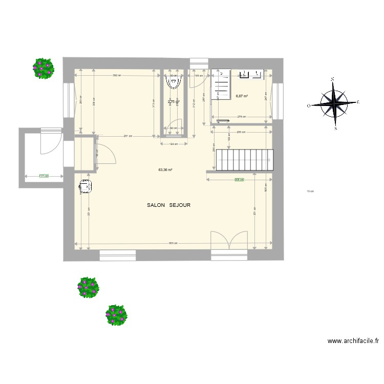 rez de chaussée V3 sans meubles. Plan de 3 pièces et 73 m2