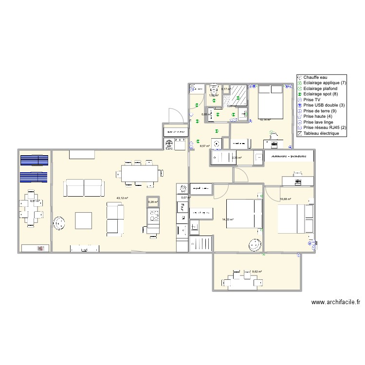 Santa Clara 2 face mer version famille V6. Plan de 14 pièces et 119 m2