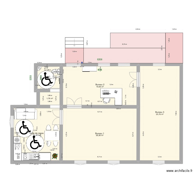 4.1 Aménagement PMR. Plan de 6 pièces et 93 m2