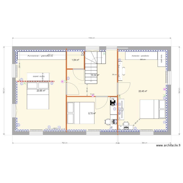 Etage Chambre. Plan de 5 pièces et 62 m2