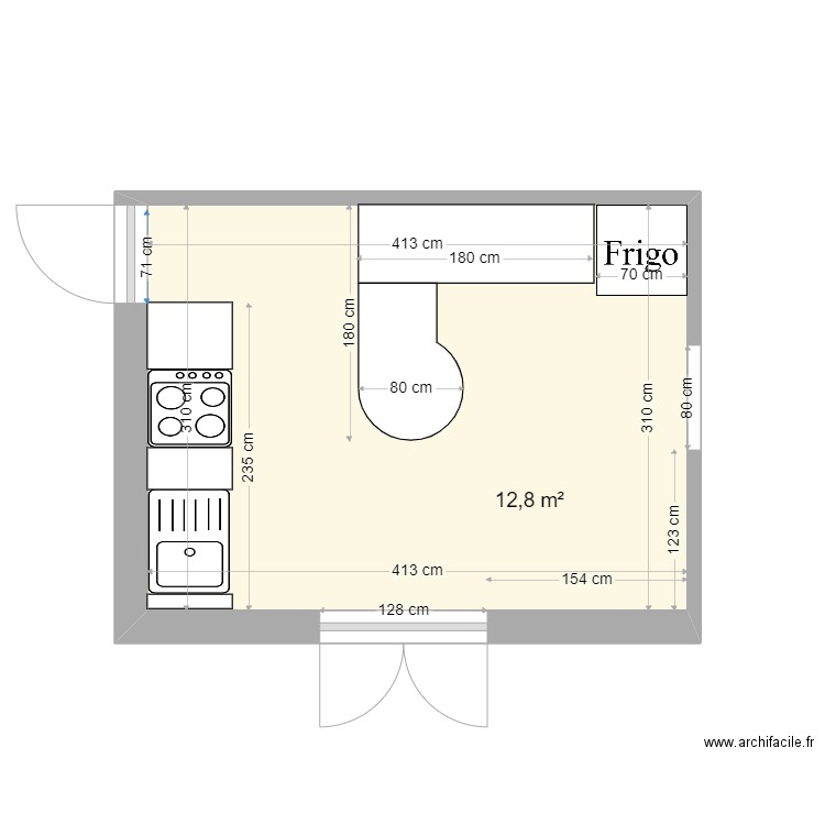 CUISINE RDC ACTUELLE. Plan de 1 pièce et 13 m2