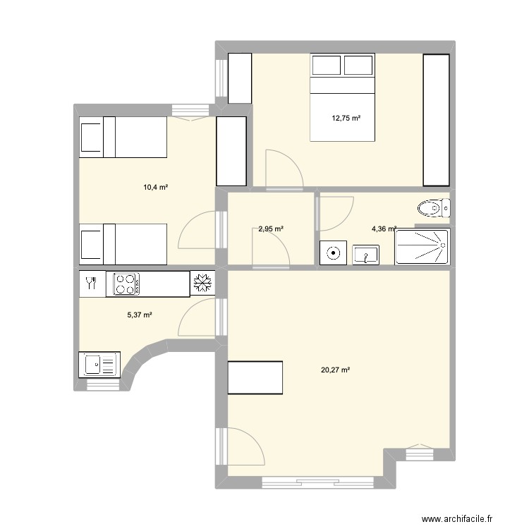 Appartement AA. Plan de 6 pièces et 56 m2