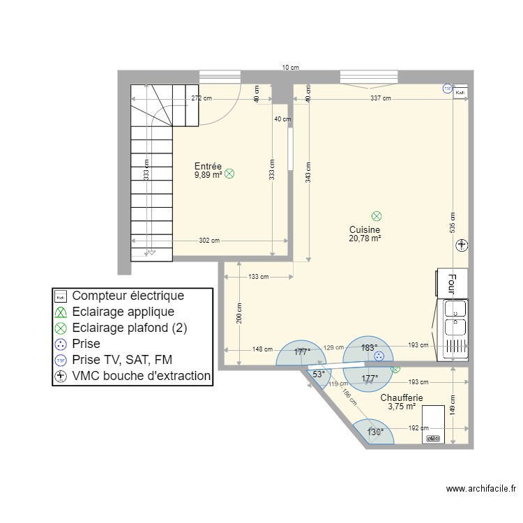 plan Rahal Laichi RDC. Plan de 3 pièces et 34 m2