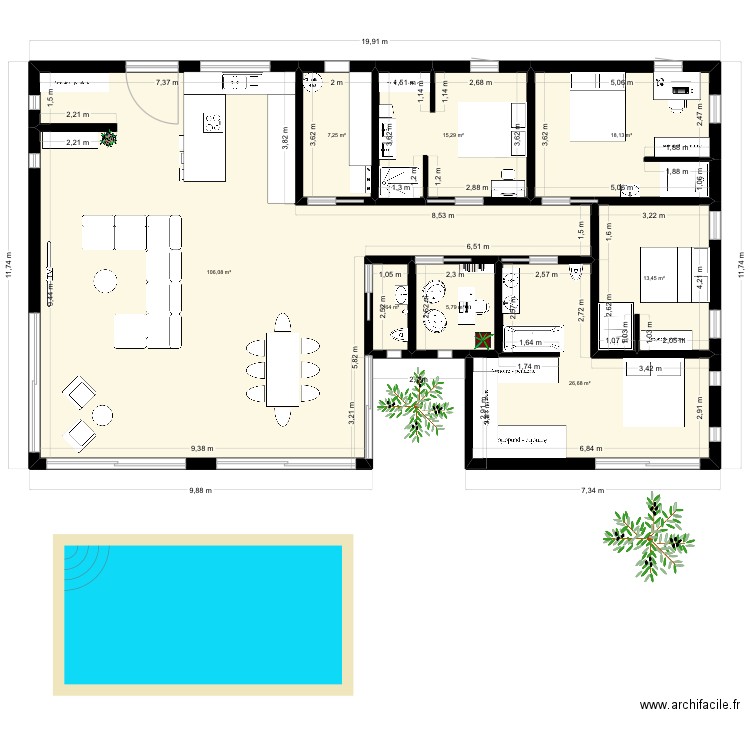Maison. Plan de 8 pièces et 195 m2