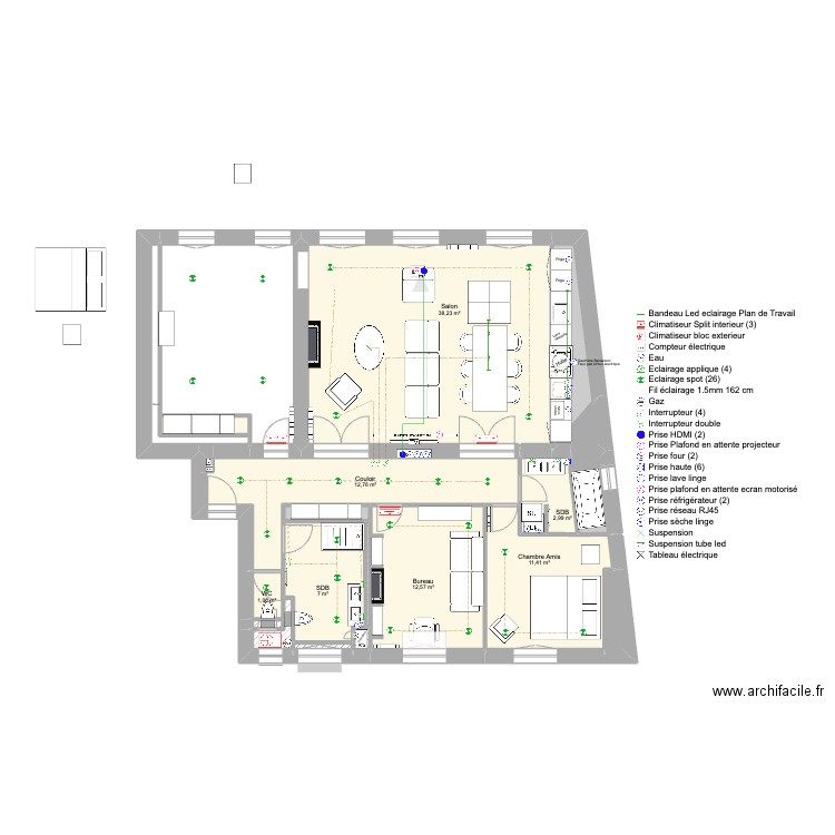 Ferri-Temple spots. Plan de 20 pièces et 97 m2