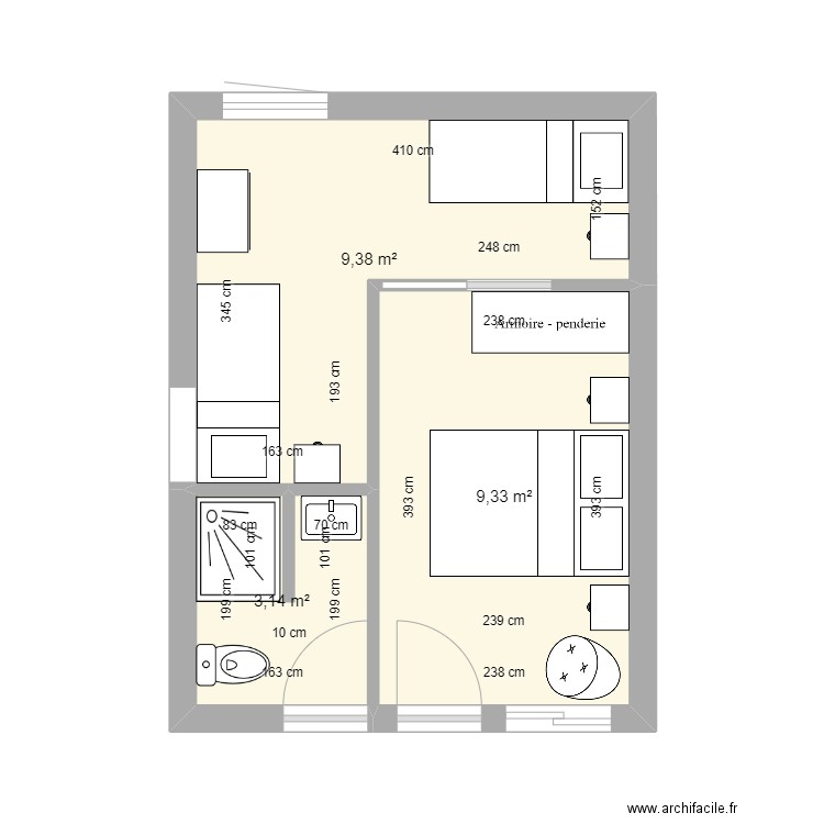 etage 1. Plan de 3 pièces et 22 m2