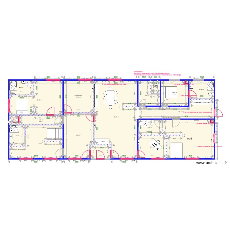 plan global Maçonnerie MODIFS EN ROUGE. Plan de 20 pièces et 222 m2