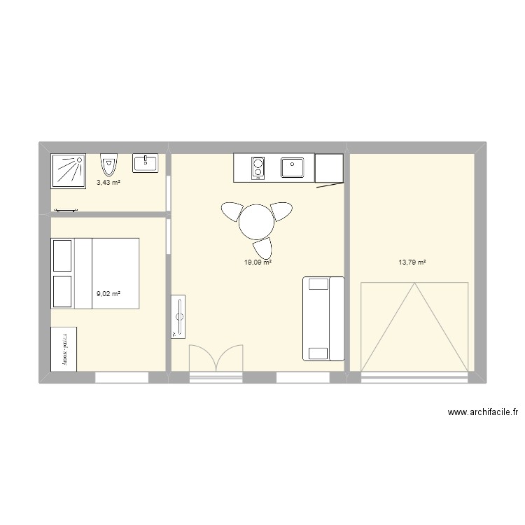 Dépendance maison. Plan de 4 pièces et 45 m2