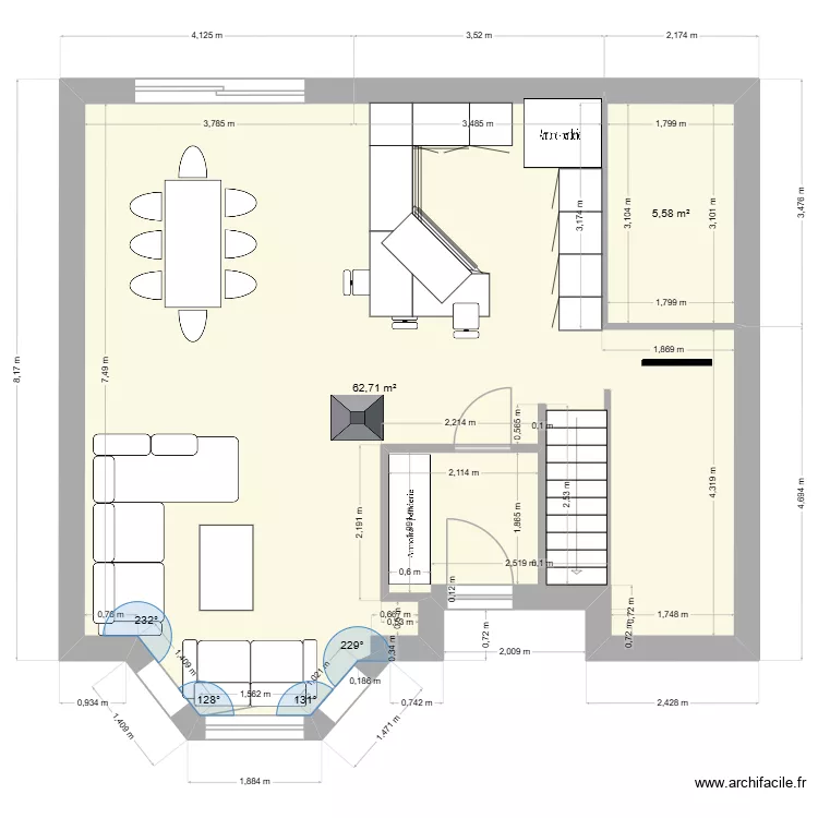 s&eacute;jour cuisine entr&eacute;e. Plan de 2 pièces et 68 m²
