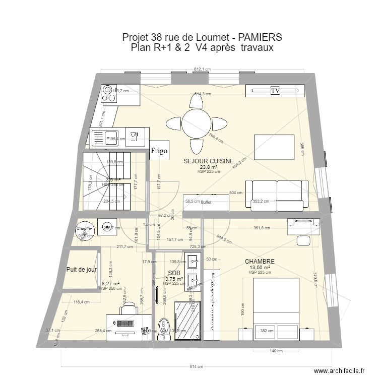 PAMIERS3 R+2 V4 après travaux. Plan de 6 pièces et 54 m2