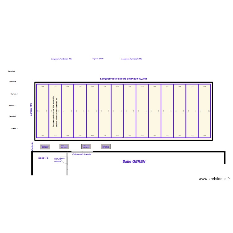 Implantation de 14 terrains de pétanque . Plan de 15 pièces et 287 m2