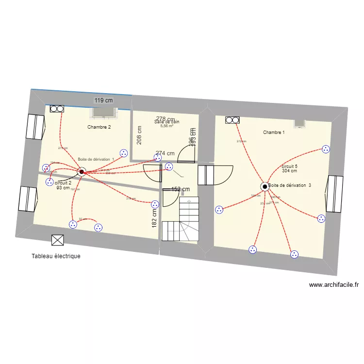 Maison etage electricite prises. Plan de 