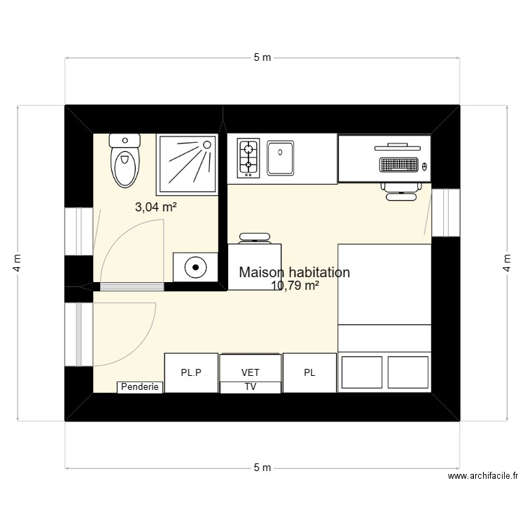 dodo. Plan de 2 pièces et 14 m2