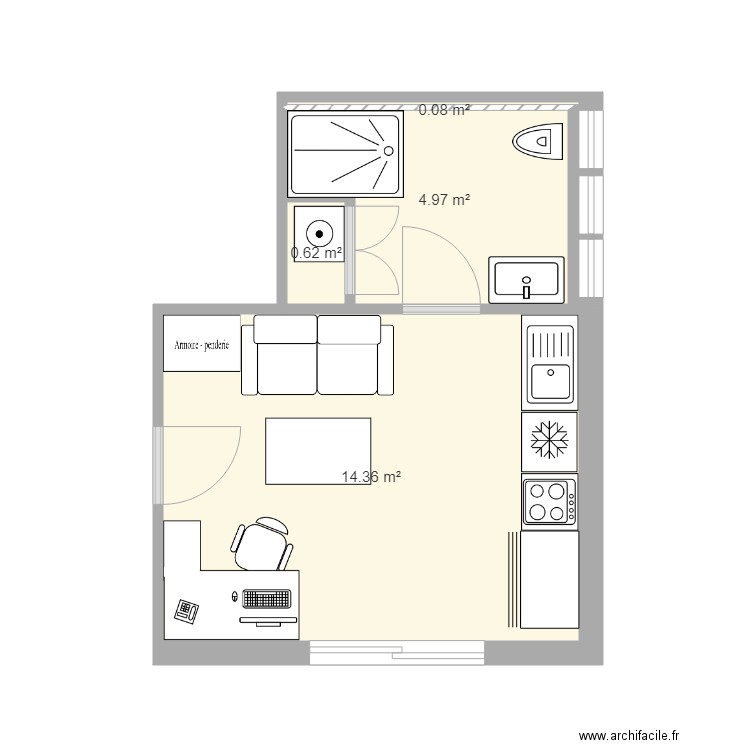 ludovic studio avec canapé. Plan de 4 pièces et 20 m2