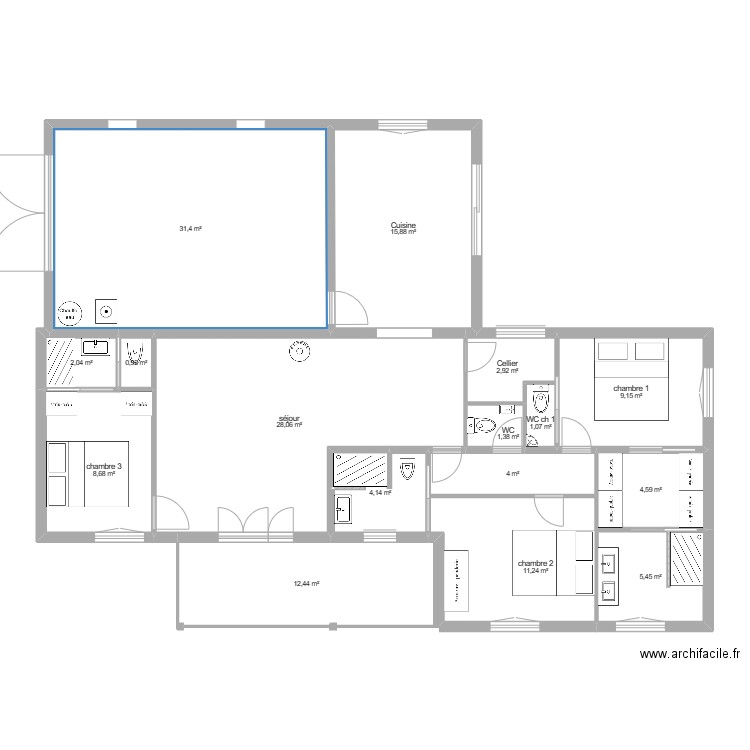 projet 1 Allemagne. Plan de 16 pièces et 143 m2