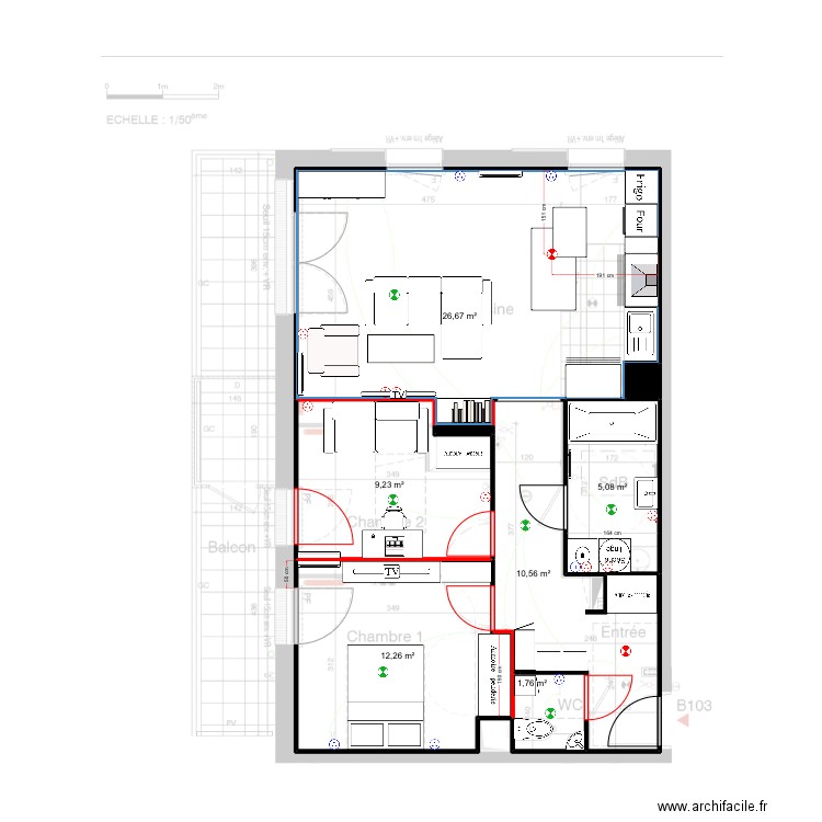 B103 - VR - AVEC MEUBLES. Plan de 8 pièces et 66 m2