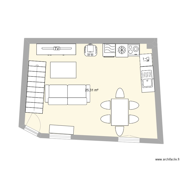 tv sous l'escalier. Plan de 1 pièce et 25 m2