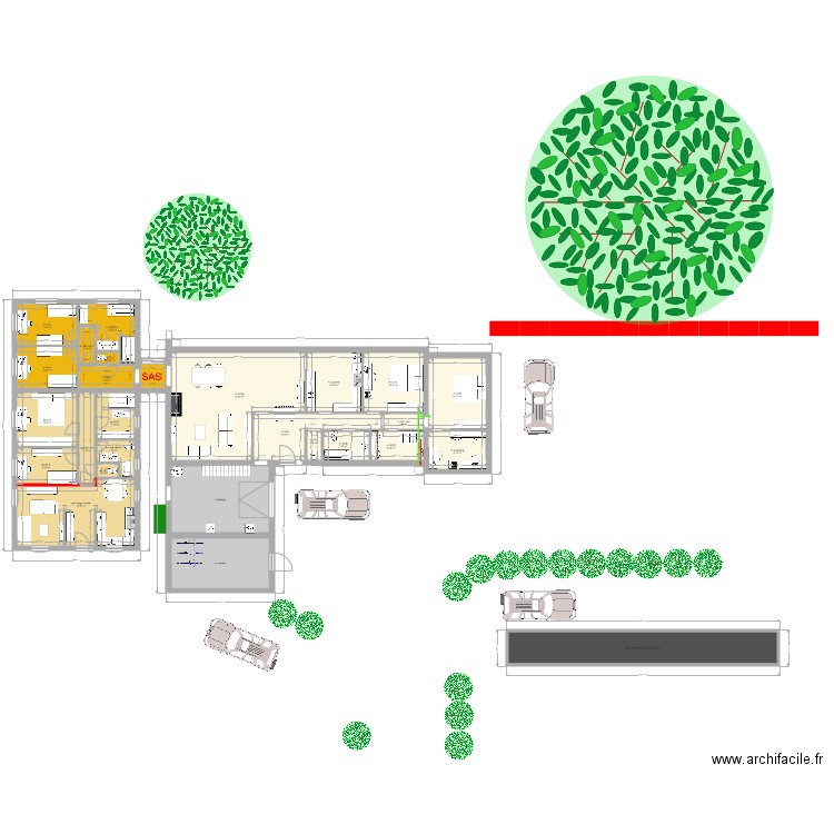 2 maisons avec haies voitures. Plan de 0 pièce et 0 m2