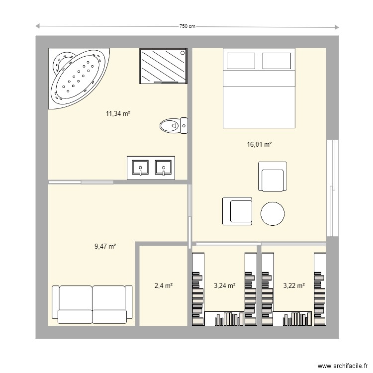 extension . Plan de 6 pièces et 46 m2