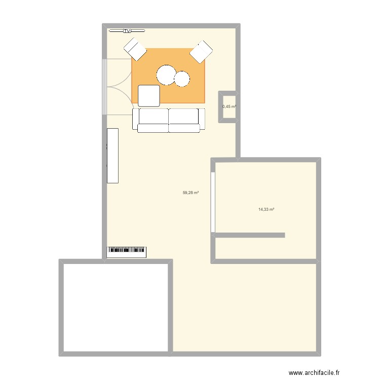 Salon. Plan de 3 pièces et 74 m2