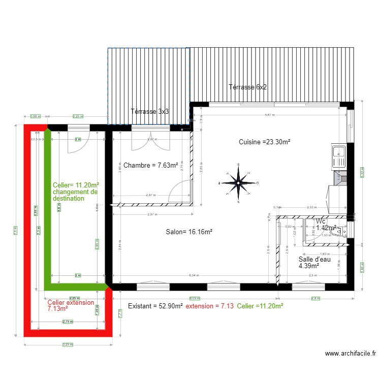 Existant   changement de destination                     Richard chalet 32. Plan de 3 pièces et 70 m2