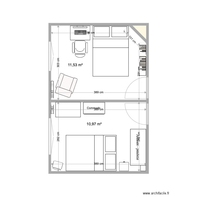 Chambre 1 light . Plan de 3 pièces et 23 m2