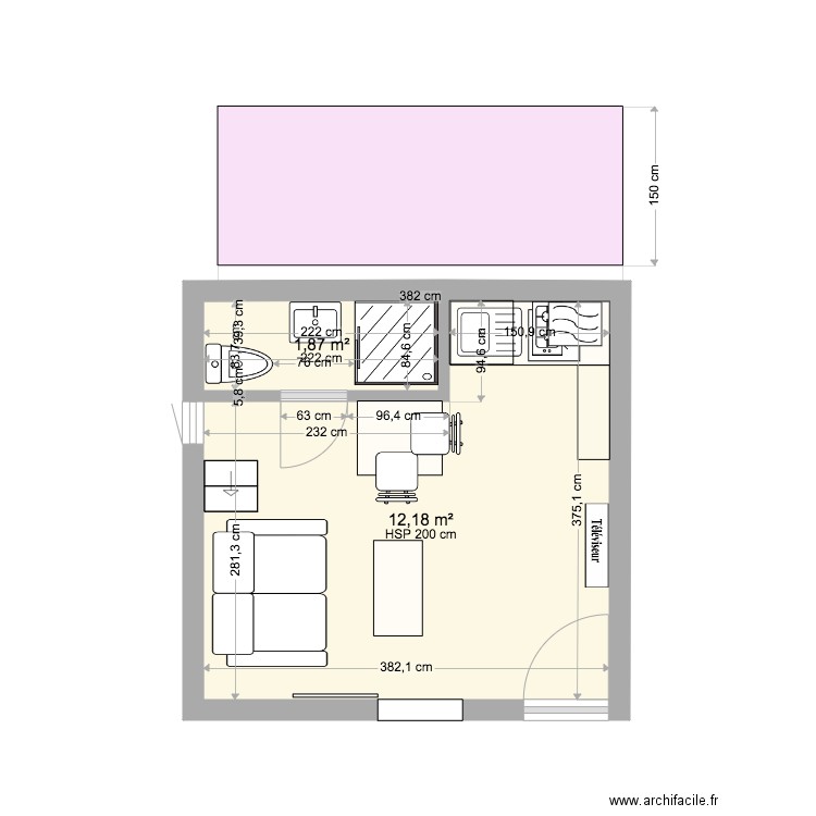 studio 14m2 sdb plus grande. Plan de 2 pièces et 14 m2