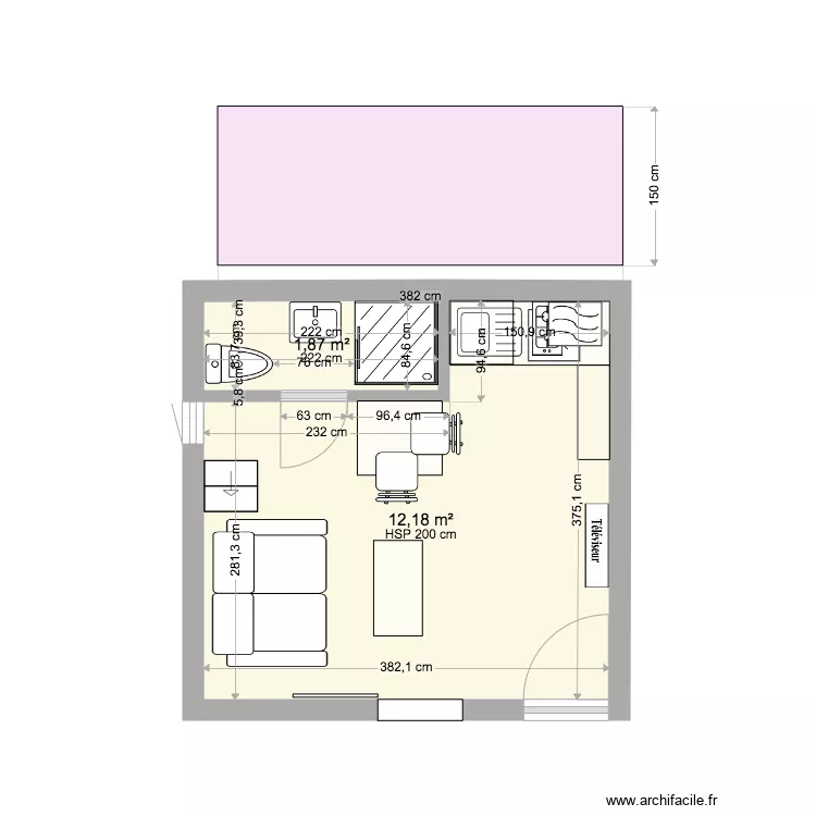studio 14m2 sdb plus grande. Plan de 