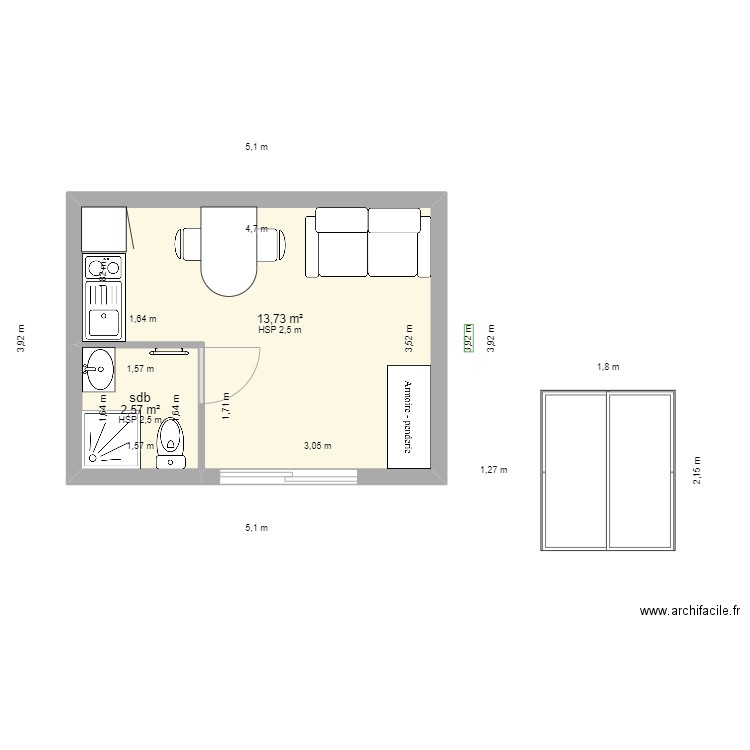 cabanon jardin 2.1. Plan de 2 pièces et 16 m2