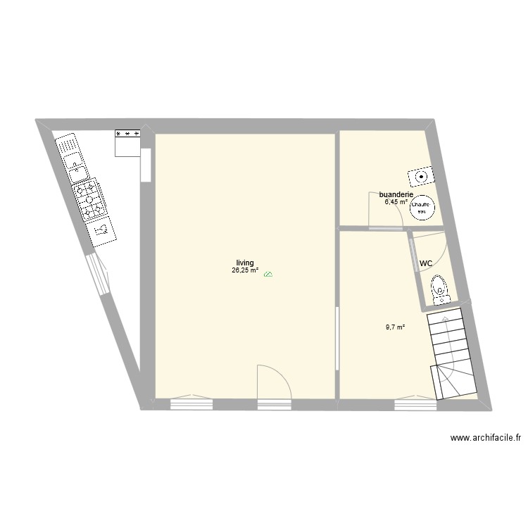 rdc. Plan de 3 pièces et 42 m2