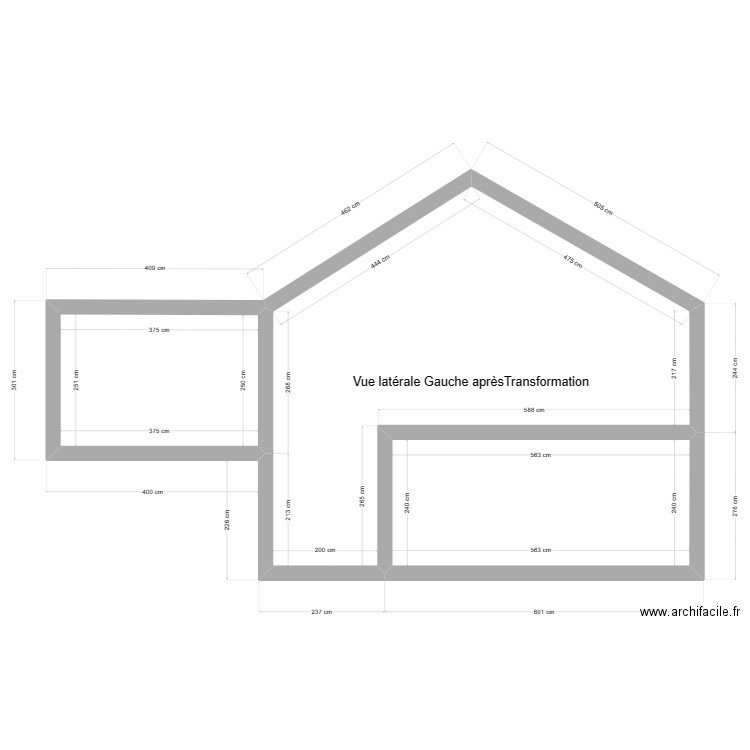 Vue latérale Gauche Après. Plan de 3 pièces et 55 m2