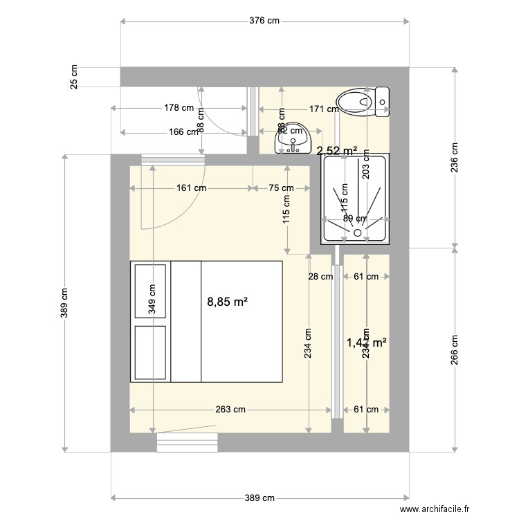 Chambre du fond V2. Plan de 3 pièces et 13 m2